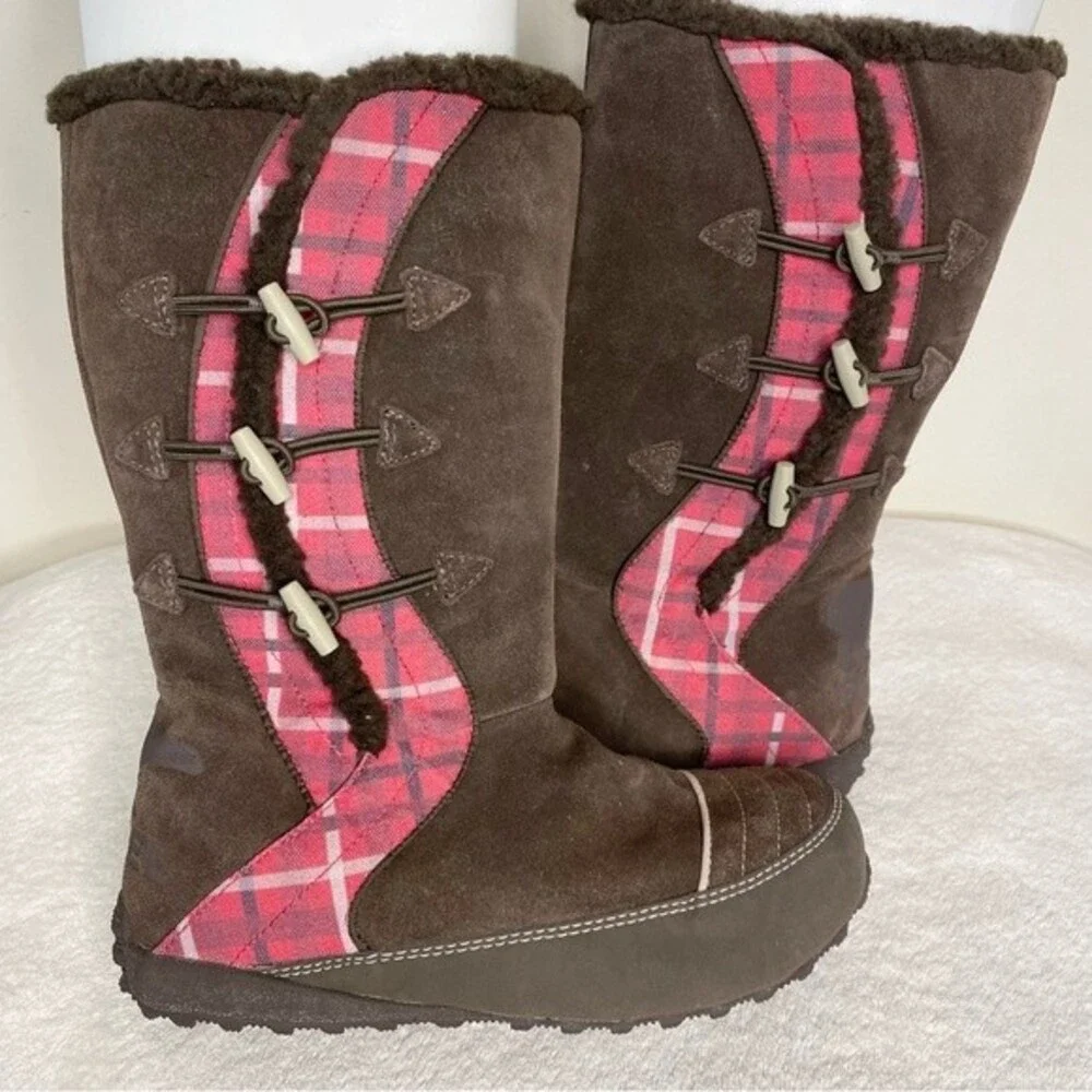 Sorel Boots Suka Suede Pink Plaid Fleece Lined Tall Snow Winter Brown Size 7